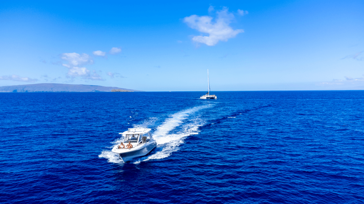 Two boats on blue ocean under clear sky, one closer and leaving a wake.