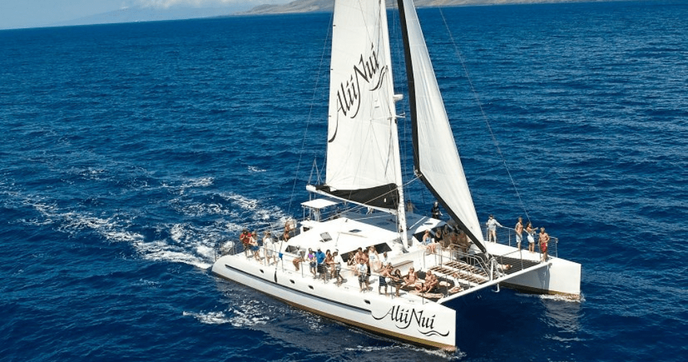 Large catamaran with 'Alii Nui' sails, filled with people, sailing on open blue ocean.