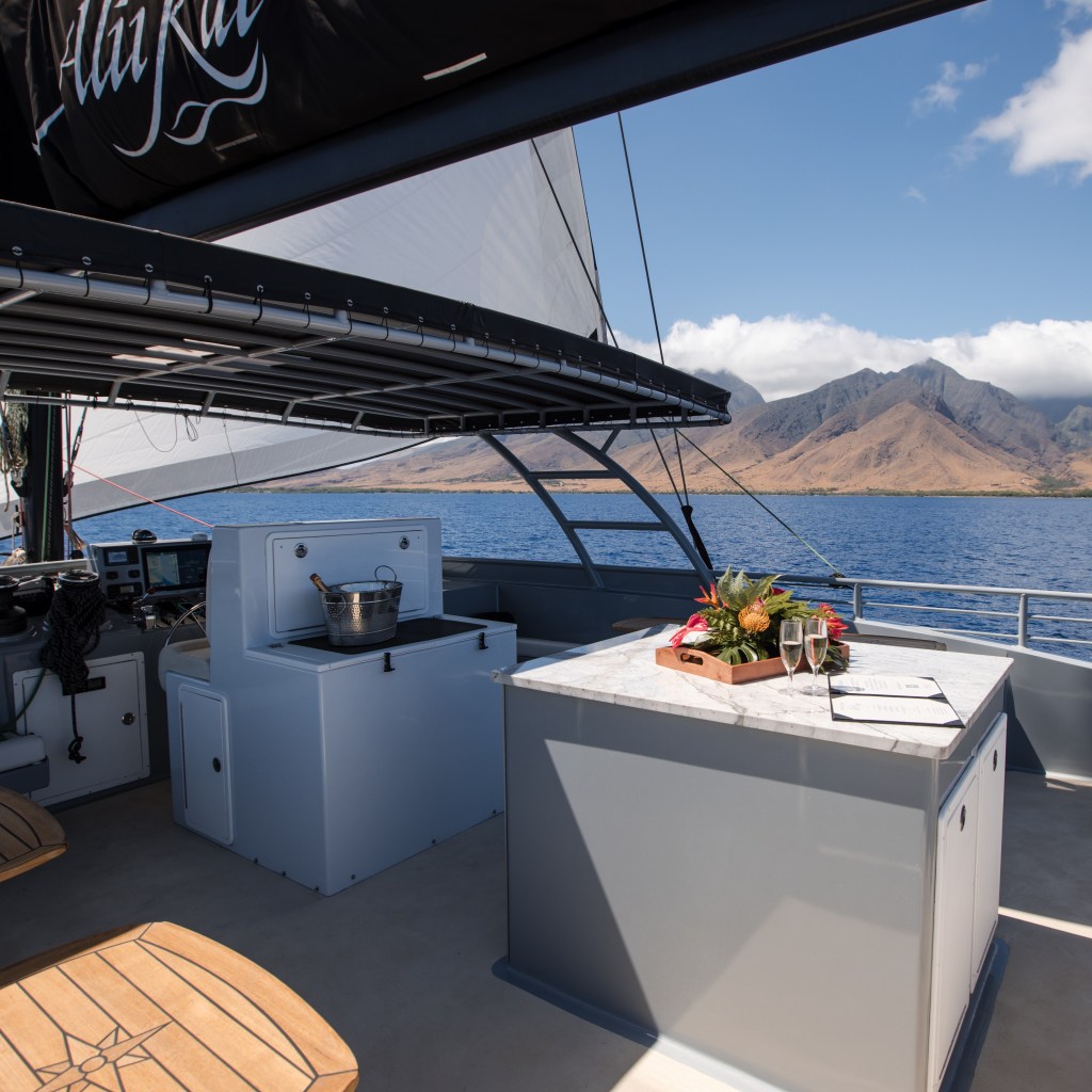 Sailboat deck with kitchen setup, mountain view in the background, sunny weather.