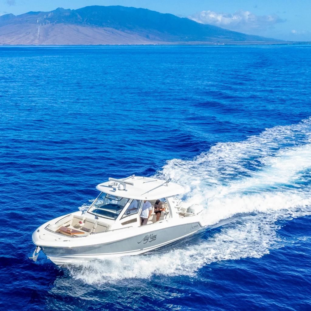 White boat speeding on clear blue ocean with mountains in the background.