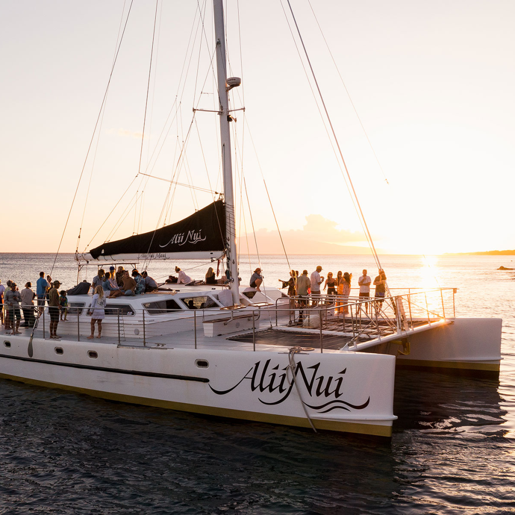 A catamaran with people onboard sailing at sunset.