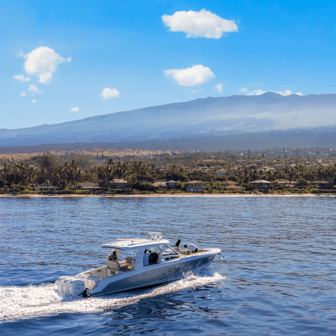 Boat cruising on a calm sea with mountains and a coastline in the background under a clear blue sky.