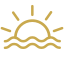 Stylized sun rising over three wavy lines, representing water.