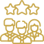 Gold icon of people and stars representing teamwork or customer satisfaction.